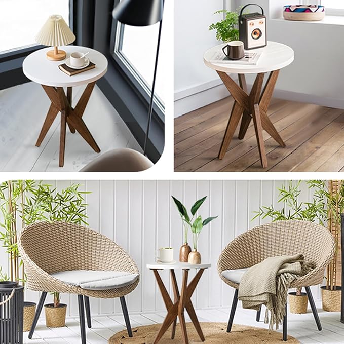 Modern Round End Table with Smooth White Top and Crossed Walnut Legs, Minimalist Accent Table for Living Room, Balcony, or Small Spaces, Easy Assembly Bedside Table, White Walnut