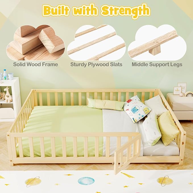 KOMFOTT Full Size Wood Floor Bed with Door & Fence, Montessori Bed Frame with Full Length Safety Guardrails, Slats Support, Door & Latch, Wooden Montessori Floor Bed, No Box Spring Needed