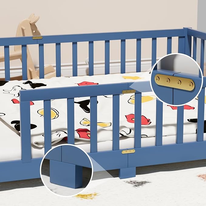LLS Queen Floor Bed for Kids Toddlers, Solid Wood Multifunctional Montessori Bed Frame with Safety Guardrails, Without Door, Easy Assemble, Mist Blue