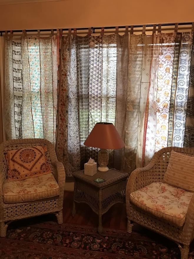 YILLE Boho Silk Sari Curtain Panel,1 Piece Vintage Handmade Lightweight Recycled Indian Silk Saree Window Drapes for Bohemian Living Room, Aesthetic Home Décor Wall Hanging - White, 84 X 43 in