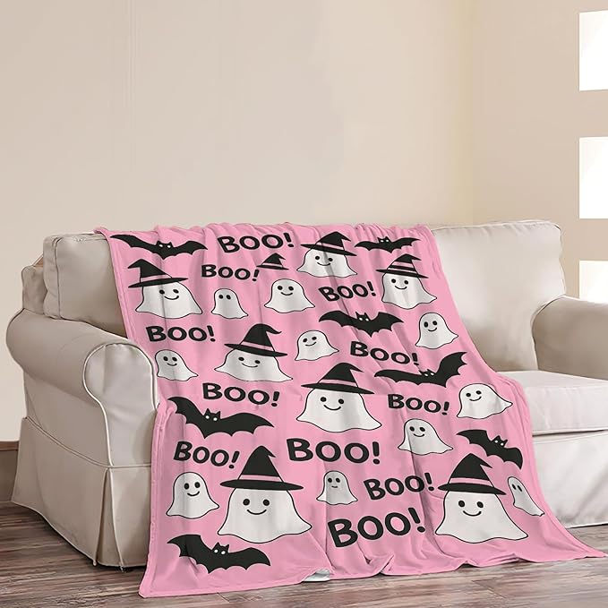 Halloween Pink Throw Blanket Cute Ghost Bat Blanket Soft Cozy Fleece Fuzzy Plush Warm Stuff Bedding Blankets for Women Girls Kids Adult Men 40"x50"
