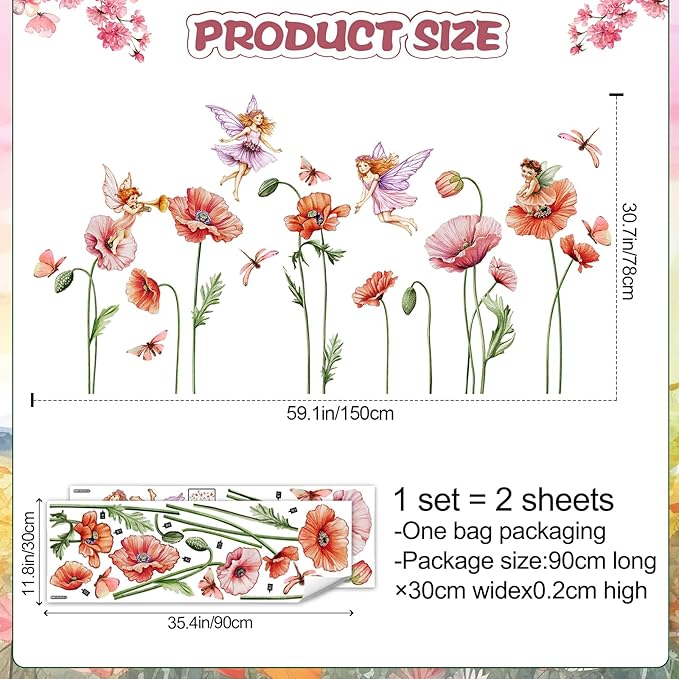 Removable Large Pink Red Poppy Flowers Wall Stickers with Fairy Angels - DIY Floral Butterfly Wall Decals, Peel and Stick Princess Decor for Girls Bedroom, Nursery, Living Room Home BM4130