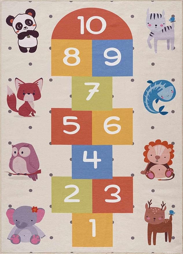 Hauteloom Lundy Girls Room, Boys Room, Kids Room Playroom Machine Washable Area Rug - Hopscotch Animal Carpet - Cream, Red, Orange, Blue, Colorful - 6'7" x 9'