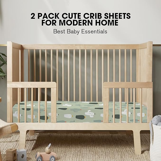 Little Grape Land Muslin Crib Sheets Fitted for Boys and Girls 2 Pack, 100% Cotton Baby Bed Sheets Soft Breathable, Neutral Fitted Baby Mattress Sheets for Standard Crib 52x28 inches, Cactus
