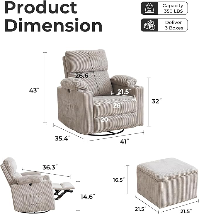 Oversized Power Recliner Chair Swivel Glider with Massage and Heat, Swivel Rocker Recliner with Adjustable Armrests, 26" Wide Nursery Chair with Storage Ottoman, Rocker Nursery Recliner,Corduroy Grey