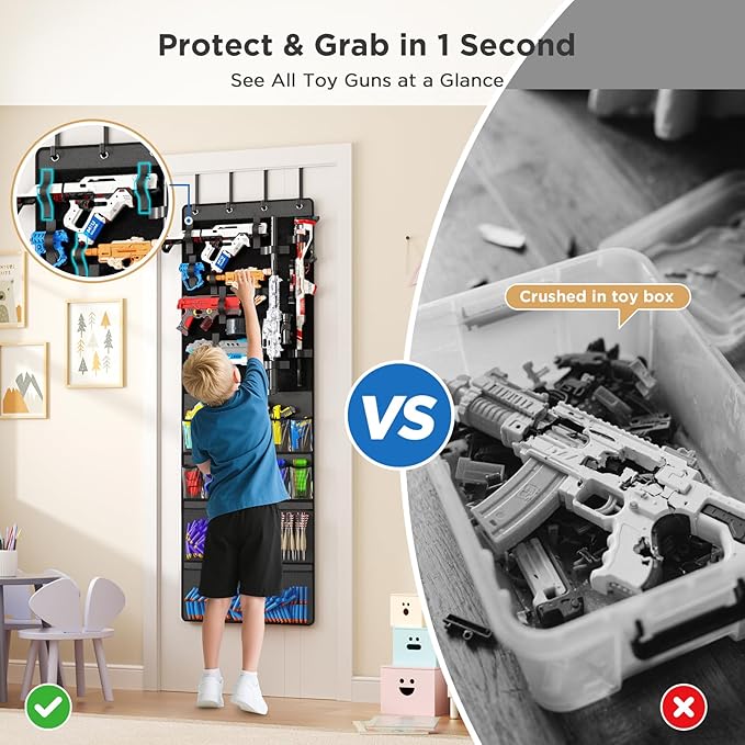 Over The Door Organizer for Toy Guns, Toys Storage Door Hanger with Pockets and Slots for Kids Foam Blasters, Darts, Goggles, Over Door Toys Storage Organizer, for Kids Rooms, Game Rooms, Gray