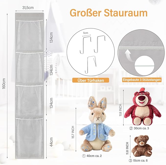 Stuffed Animal Storage Over Door, Hanging Toy Organizer, Plush Doll & Bear Baby Accessory Holder Idea for Nursery, 12 Inch Wide Mesh Bag for Bi-Fold Door Closet Girl Boy Kid