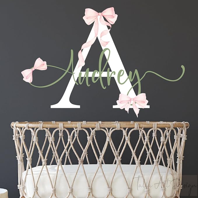 Custom Name & Color Pink Bow Wall Decal for Girls Bedroom - Personalized Nursery Wall Art, Removable Vinyl Name Sticker for Kids Room Decor