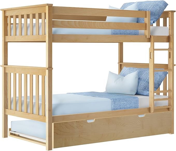 Max & Lily Bunk Bed, Twin-Over-Twin Wood Bed Frame For Kids With Trundle, Natural