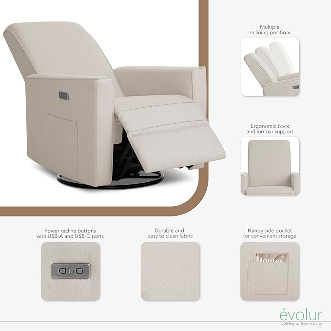 Evolur Harlow Upholstered Power Glider Recliner with USB Charging – Rocking & 275° Swivel with Smooth Glide – Greenguard Gold & FSC Certified – Modern Nursery and Living Room Chair in Light Sand