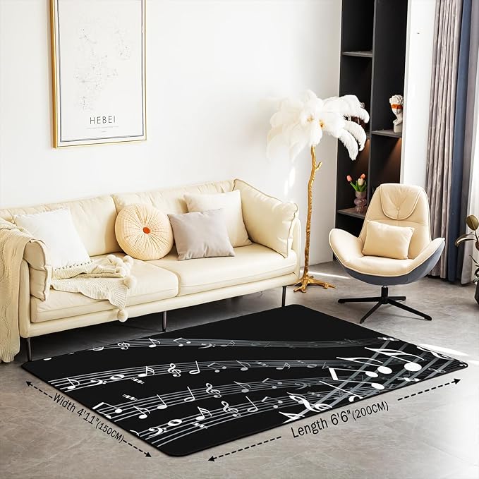 jejeloiu Musical Note Decorative Carpet Black White Music Theme Decorative Carpet Mat Decor Extra Soft Rugs for Living Room Bedroom Room Washable Area Rug 4x5s