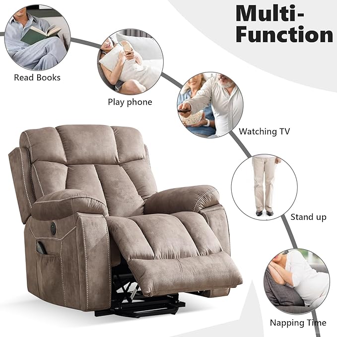 CANMOV Large Power Lift Recliner Chairs with Massage and Heat for Elderly Big People, Heavy Duty Motion Reclining Mechanism-Anti Skid Fabric Recliner Chair with 2 Concealed Cup Holders,Light Brown