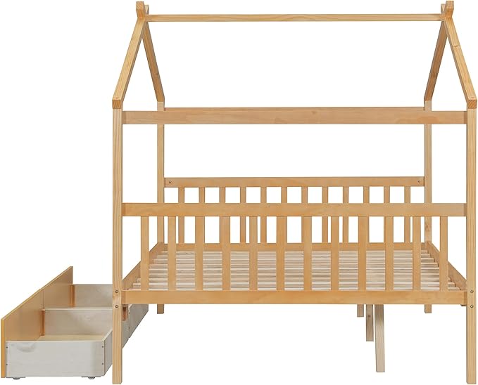 Merax Full Size Wooden House Bed with Two Drawers, Wood Bed Frame with Roof for Kids, Teens, Boys or Girls, Natural