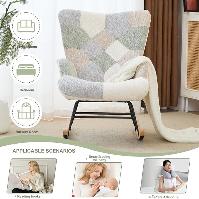Nursery Rocking Chair Teddy Upholstered Glider Rocker Rocking Accent Chair with High Backrest Armchair Comfy Side Chair for Living Room, Bedroom, Offices (Spliced Green)