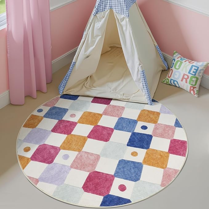 jinchan Macy Round Rug 4ft Kids Washable Rug Indoor Floor Cover Non-Slip Soft Modern Elementary School Classroom Colorful Diamond Carpet for Nursery Daycare Playroom Living Room Berries on Cream