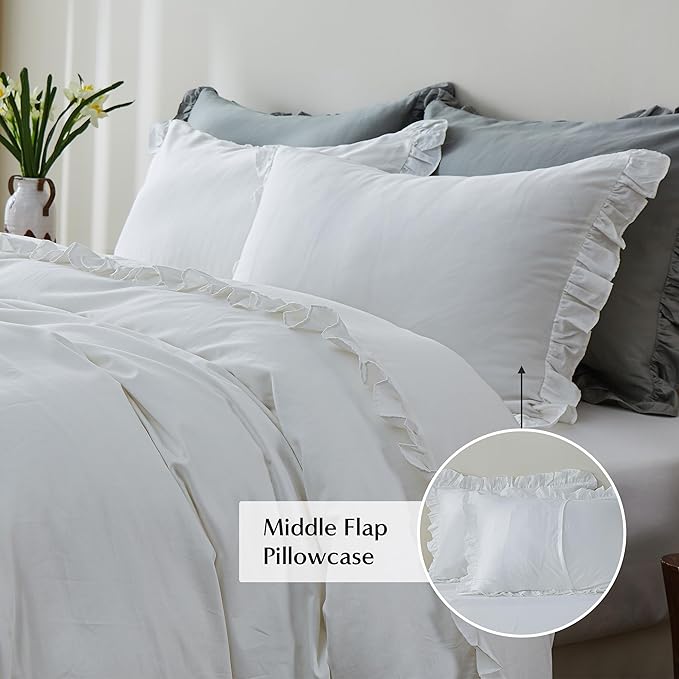 Simple&Opulence Kids 100% Organic Cotton Full Duvet Cover Ruffle 3Pcs(1 Comforter Cover 2 Pillowcases) Cute Lace Vintage Boho Shabby Chic Farmhouse Bedding Set Teen Girls(White, Full)