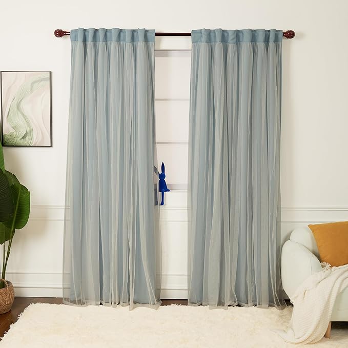 INLINAS 52 x 108 Inch Blackout Curtains with Sheer Overlay - Back Tab and Rod Pocket Thermal and Noise Reduction Panels for Bedroom and Living Room Light Blocking and Energy Saving, Sky Blue, Set of 2
