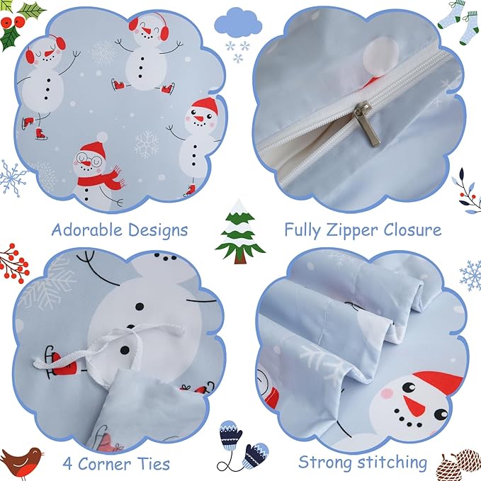 JSD Snowman Kids Duvet Cover Set Queen Size, 3 Piece Blue Printed Christmas Microfiber Comforter Cover with Pillow Shams Zipper Closure, Comforter Not Included