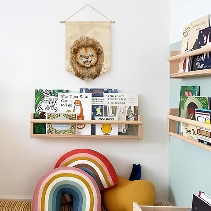 Safari Nursery Decor, Baby Lion Cute Wall Art,Kids room Canvas Banner, Woodland Nursery Decor, Watercolor Animal Lion for Living Room Bedroom Kids Room, Hanging Pennant Flag Banner 15x11in