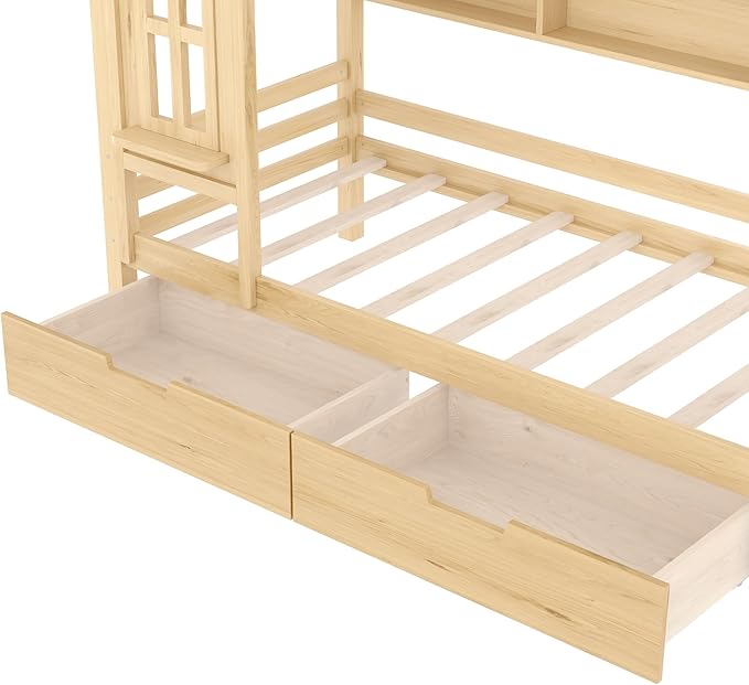 Twin House Bed with Drawers and Window, Solid Wood House Platform Bed with Shelves, Twin Bed Frame with House-shaped Roof for Kids, Boys, Girls, No Box Spring Needed and Childlike Design, Natural
