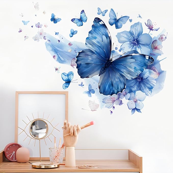 Blue Butterfly Wall Decals Removable Butterfly Flower Wall Stickers Peel and Stick Butterflies Wall Decor Stickers for Kids Girls Bedroom Nursery Bathroom Decorations MK3155