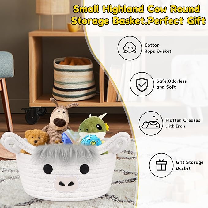 Highland Cow Basket for Nursery, Small Gift Basket, White Round Woven Cotton Rope Storage, Baby 0rganizer with Ears Handles, Blanket Towel Decor Empty Storage Bins,8.2 x 4.7 in