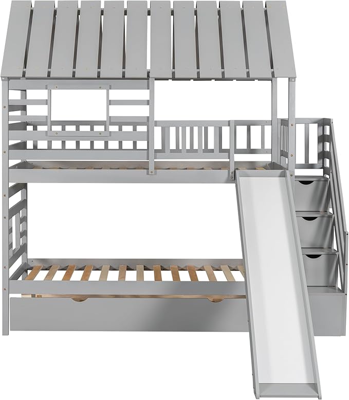 Merax Twin Over Twin House Bunk Bed, Wooden Bed Frame with Trundle and Slide, Storage Staircase, Roof and Window Design, Gray