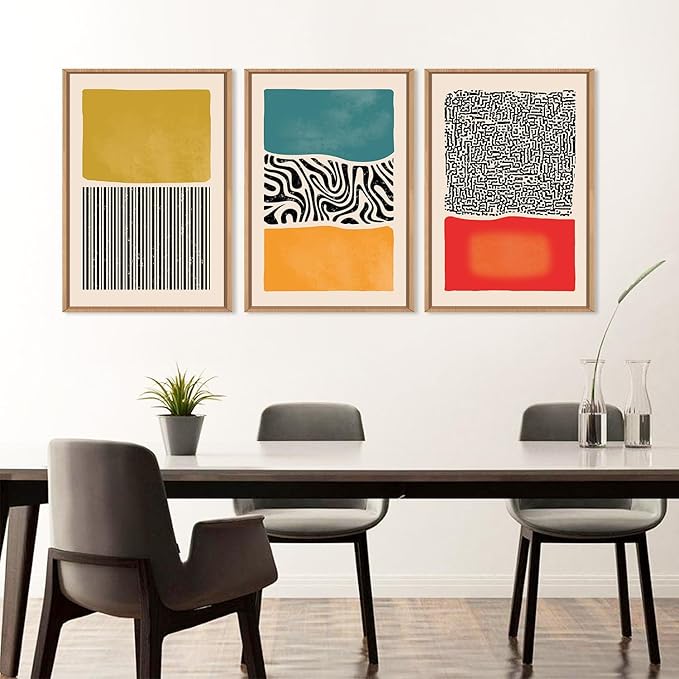 HLNIUC Large Mid Century Modern Wall Art Framed 24x36, Boho Abstract 3 Piece Canvas Decor, Mcm Vintage Bohemian Color Block Painting, Geometric Line Art Print for Living Room, Bedroom, Office