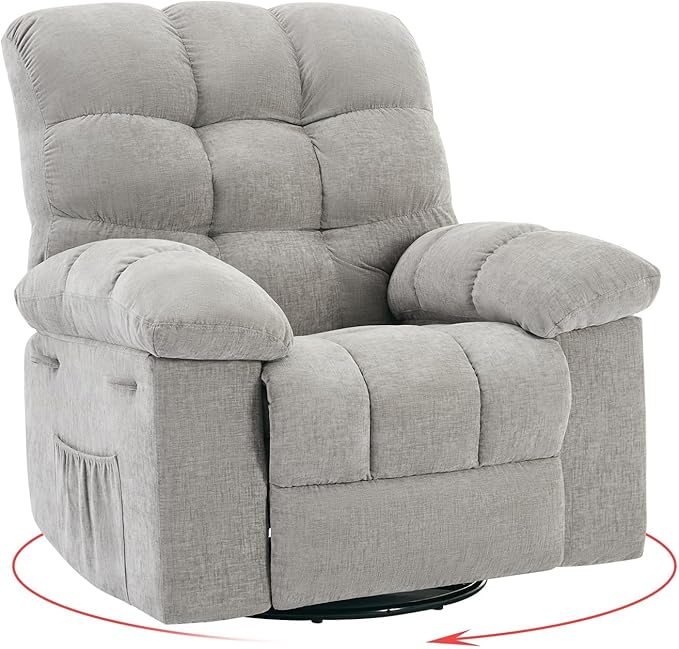 Swivel Recliner Chair, Upholstered Fabric Comfy Rocking Chair, Sturdy Q235 Steel Frame Nursery Glider, 300 LBS Capacity, for Small Spaces, Living Room, Bedroom, Light Grey