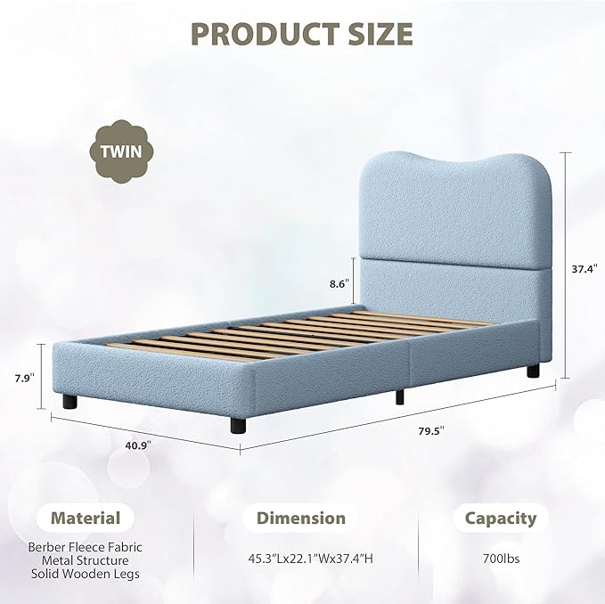 Senfot Blue Twin Kids Bed Frame with Upholstered Headboard, Low Profile Sturdy Platform Bed with Soft Boucle Fabric for Girls and Boys, Heavy Duty, Wooden Slats, Noise Free, No Box Spring Needed