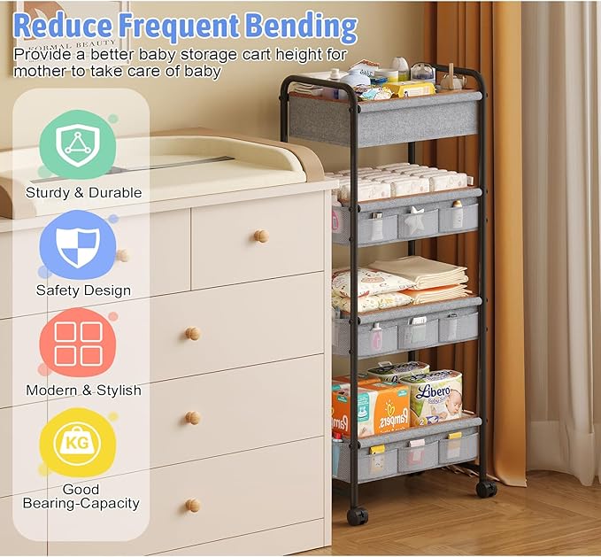 4-Tier Rolling Storage Cart,Baby Diaper Caddy Cart Organizer, Nursery Baby Dresser Organizer with Wheels,with 2 Dividers & 21 Mesh Pockets，Metal Utility Cart for Nursery,Bedroom,Bathroom