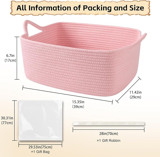 OIAHOMY 19L Woven Basket with Gift Bags and Ribbons, Gift Basket Empty for Baby Showers Birthday, Nursery Bin with Handles for Baby Room Living Room, Pet Toy Bins for Toy Organizer - Pink
