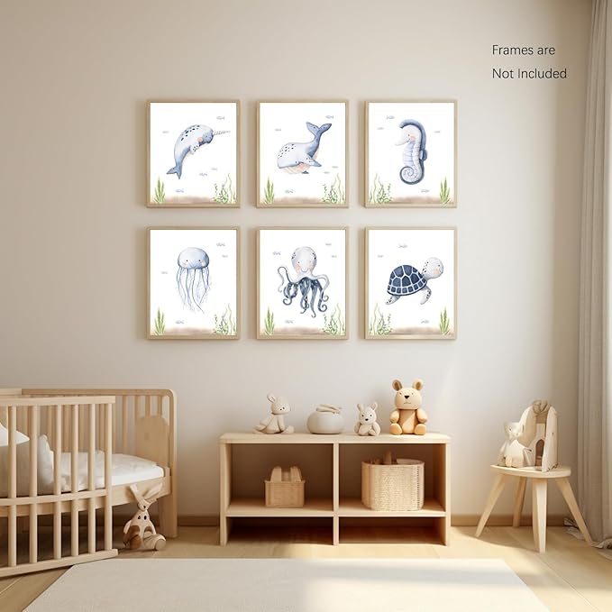 Wodkwq Nursery Wall Art Sea Animal Canvas Prints Baby Girl Boy Room Decor Watercolor Paintings Pictures Cute Ocean Theme Toddler Room Decoration Set of 6 for Kids Bedroom Bathroom 12x16in Unframed