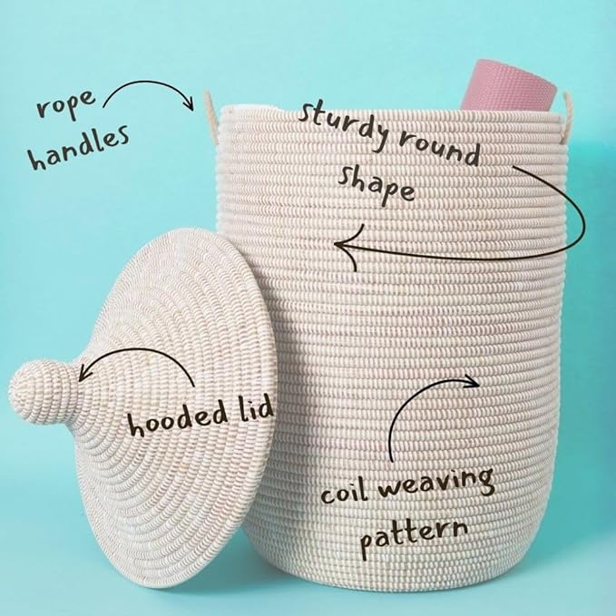 White Boho Woven Wicker Basket, Home Decor, Storage & Organization, Living Room, Bed Room, Nursery, Laundry Clothes Hamper, Toys Bin, Blankets Storage, Round, Hooded Lid, Handles (Large)