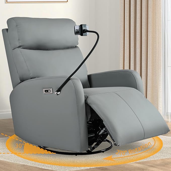 Power Swivel Rocker Recliner Chair for Nursery, Upholstered 270° Swivel Glider Chair with Phone Holder, USB Ports, Power Recliners for Small Spaces Living Room, Grey