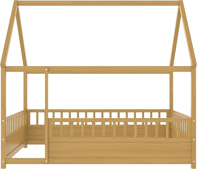 Ball & Cast Full Size House Bed Frame,Montessori Floor Bed with Safety Fence and Roof for Kids,Wood Platform Bedframe W/Open Door for Girls Boys,Bedroom,Playroom,Easy Assembly,Natural