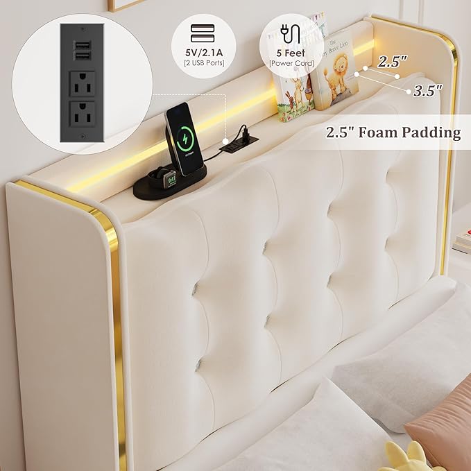 HITHOS Upholstered Twin Led Bed Frame with Charging Station and Storage Drawer, Velvet Princess Platform Bed Frames with Crystal-Button Tufted Headboard for Girls | Kids, No Box Spring Need, Beige