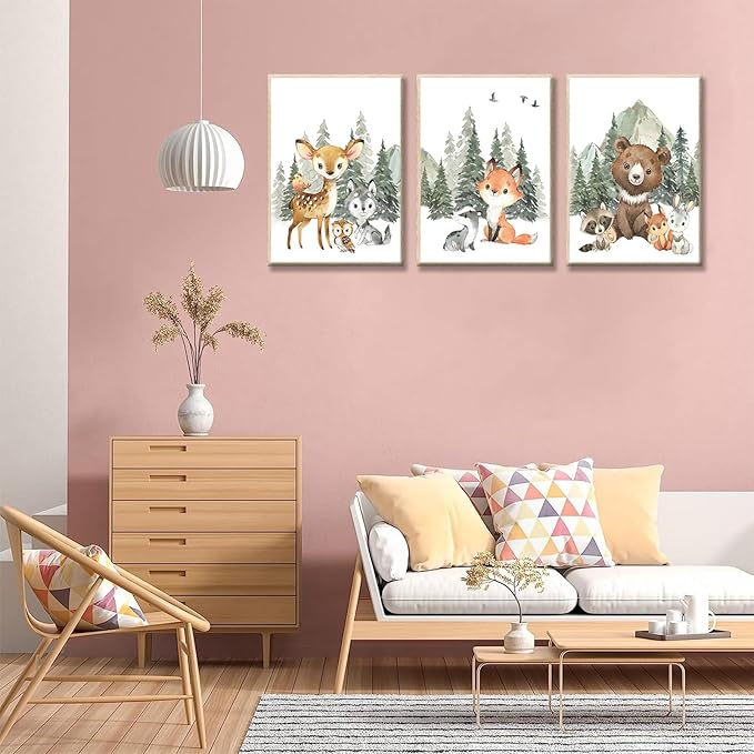 3Pcs Woodland Animal Nursery Canvas Wall Art Forest Adventure Theme Animals Picture Posters Wall Decor Cute Watercolor Deer Bear Fox Painting Print Artwork for Kids Baby Bedroom Decor 12x16in Unframed