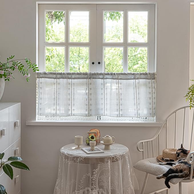 Deeprove Boho Valance Kitchen Short Curtain Tassel, Textured Striped Drape Tier Embroidered Shabby Chic Window Treatment for Cafe Dinging Room Closet, W52 x L18 inch Single 1 Panel Silver Grey
