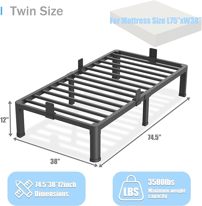 12 inch Twin Bed Frame with Round Corner Legs Mattress Slide Stopper,3500 lbs Heavy Duty Metal Platform,No Box Spring Needed,Steel Slat Support,Easy Assembly,Noise Free