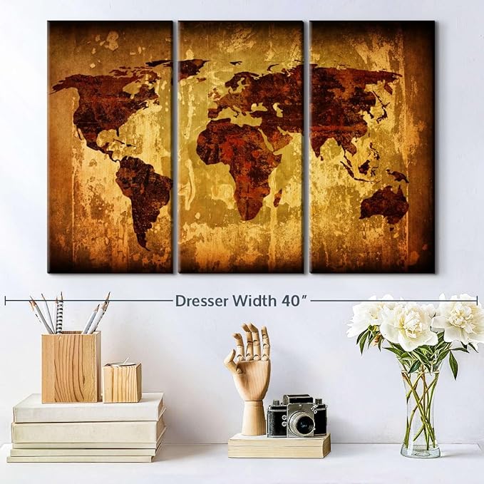ElephantStock Vintage World Map Wall Art Multi Piece Canvas - 3 Piece Canvas World Map Wall Decor - Wall Decor - Ready-to-Hang Print - Vintage Wall Art - 33" X 20"