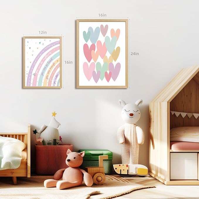 LLEEMPI Pink Heart Sun Rainbow Wall Art Set of 3, Baby Room Wall Decor, Boho Rainbow Nursery Canvas Painting, Classic Minimalist Poster Prints for Bedroom Bathroom Classroom Wood Framed 16x24 Inch