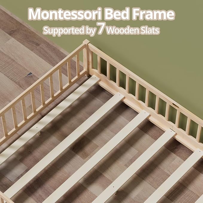 LLS Queen Floor Bed for Kids Toddlers, Solid Wood Multifunctional Montessori Bed Frame with Safety Guardrails, Without Door, Easy Assemble,Natural