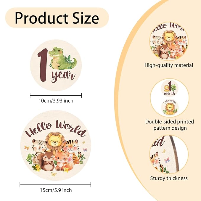 Baby Monthly Milestone Cards Sign - 13 Double Sided Little Animals Milestone Cards, Fox Pattern Wooden Circles Discs for Photo Props Cat Newborn Announcement Marker, Baby Shower Newborn Sign Gift Set