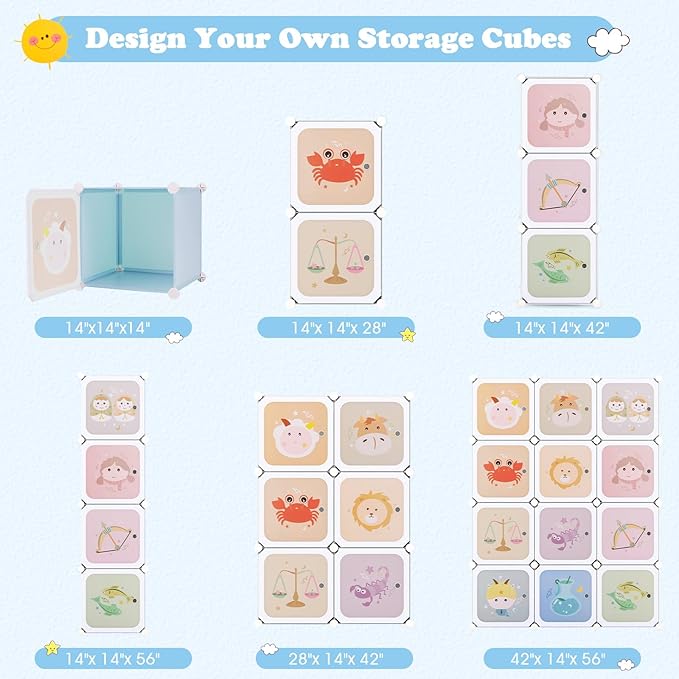INFANS Children Wardrobe, Kid Closet Portable Baby Dresser Cute for Kids Bedroom Nursery Armoire with Doors 12 Cube 2 Hanging Sections, Kid Clothes Storage Organizer