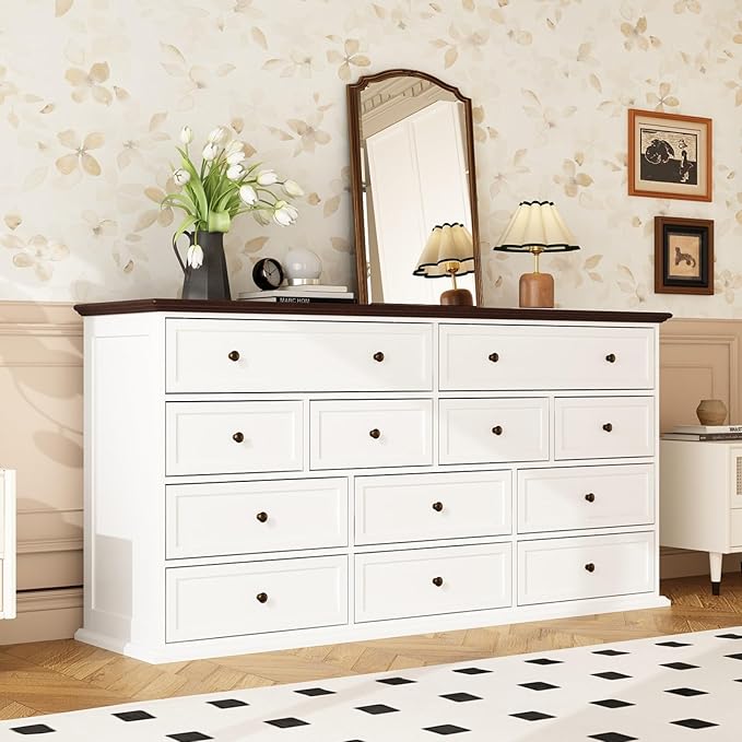 12 Drawer Dresser Chest of Drawers, White Dresser for Bedroom, Retro Wood Dressers with 12 Drawers, for Living Room Bedroom Hallway, White and Brown 15.7”D x 61”W x 31.5”H