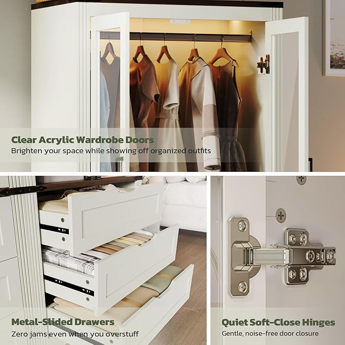 Concho 73'' Tall Farmhouse Armoire Wardrobe Closet with LED Light, Wood Wardrobe Closet Collection with 6 Doors 3 Drawers, Clothing Storage Cabinet with 8 Adjustable Shelves, Antique White