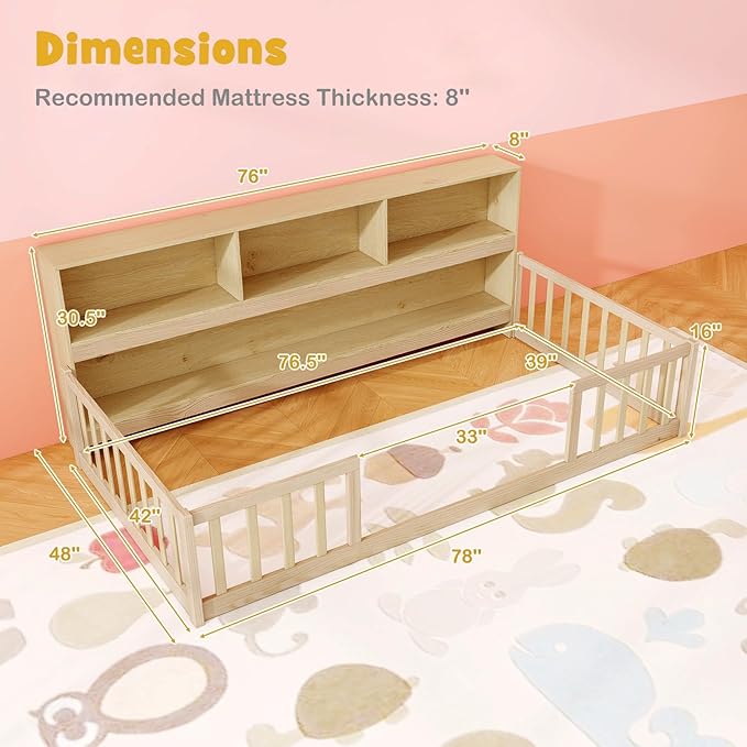 KOMFOTT Twin Floor Bed with Bookcase & Shelves, Wood Bed Frame with Bedside Bookshelves & Guardrails, Versatile 2-in-1 Montessori Floor Bed for Kids (Twin,Natural)