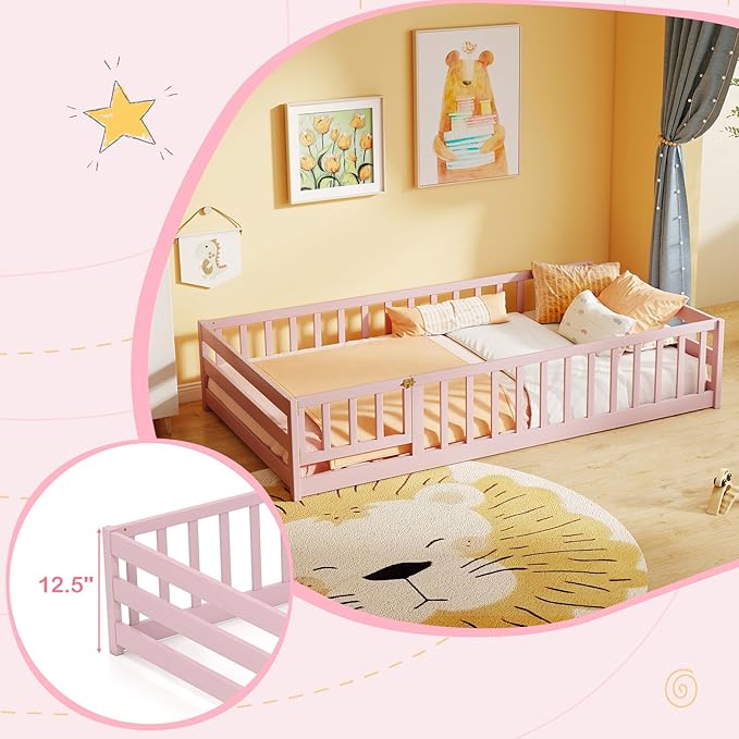 KOMFOTT Twin Size Wood Floor Bed with Door & Fence, Montessori Bed Frame with Full Length Safety Guardrails, Door & Latch, Wooden Montessori Floor Bed for Kids, Girls, Boys (Twin,Pink)