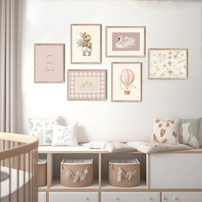 Pink Nursery Wall Art Baby Girl Canvas Wall Decor Vintage Poster Bunny Flower Wall Art Antique Preppy Pictures Animal Floral Prints Kids Swans Painting for Girls Room Bedroom 12x16x6 Inch Unframed